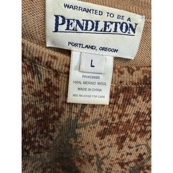 Pendleton Merino Wool Equestrian Hunting Print Tan Sweater Sz L Brown - Picture 9 of 10